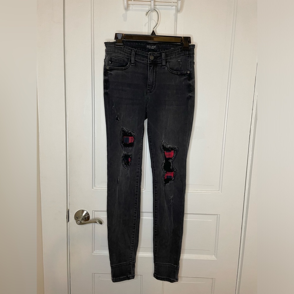 Judy Blue Skinny Fit Black Buffalo Red Plaid Checkered Patch Jeans